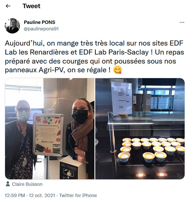 Tweet de Pauline Pons présentant un repas à base de courges récoltées sur les sites des Renardières et Paris-Saclay