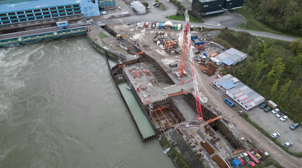 Vue aérienne chantier EDF passe à poissons Marckolsheim