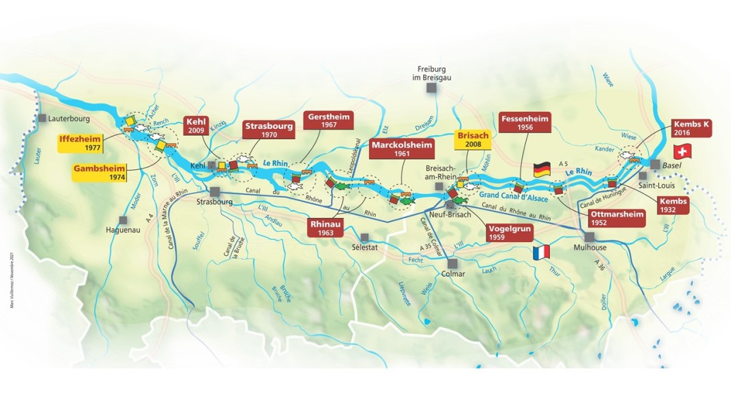 Carte des centrales et barrages hydroélectriques sur le Rhin Franco-allemand