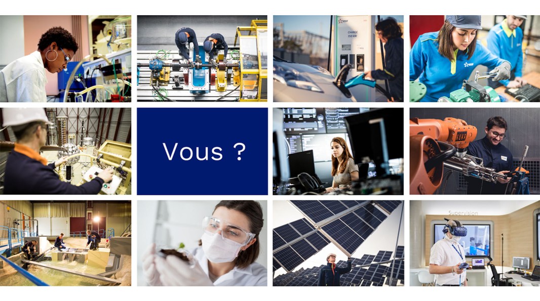 Mosaïque de photographies illustrant les nombreux métiers d'EDF avec une case réservée à "Vous ?"